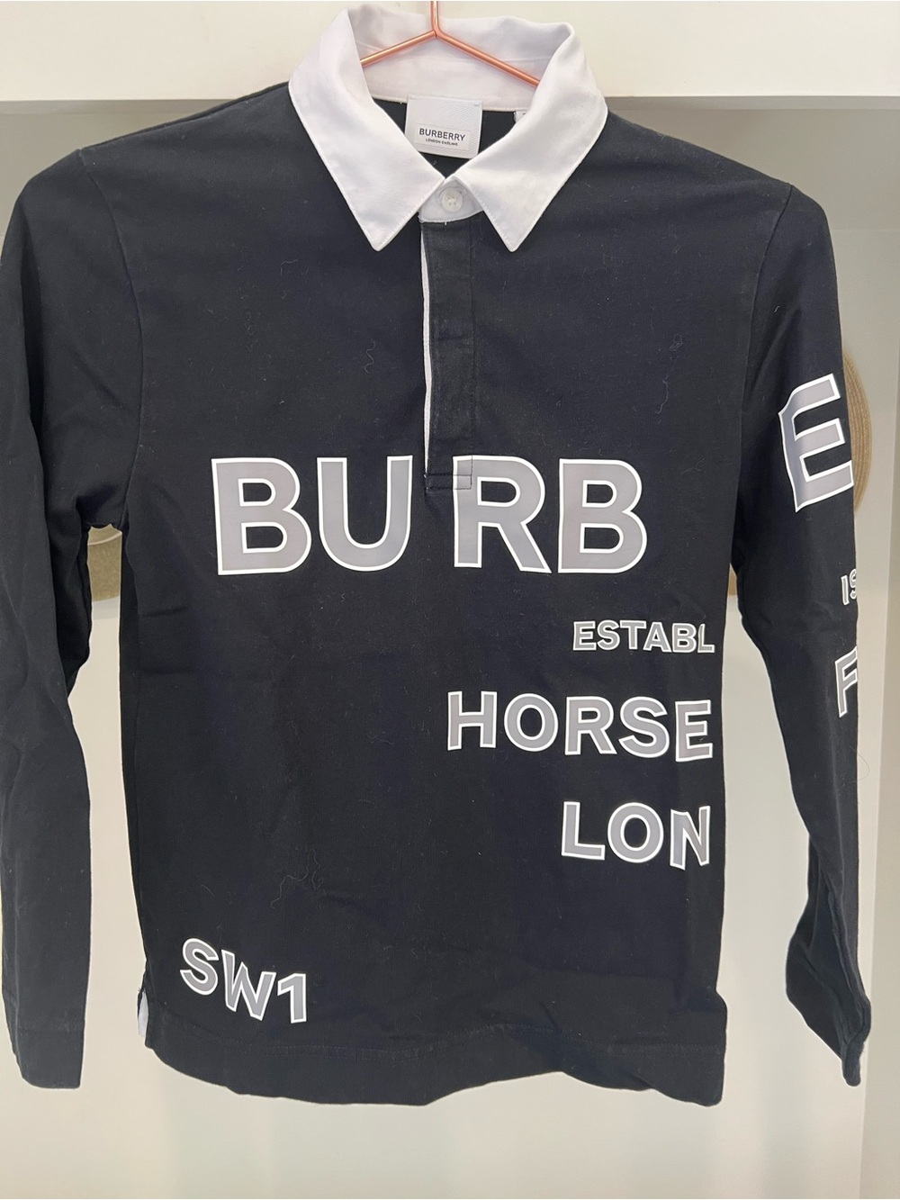 Burberry Kids Navy Rugby Polo with White Collar and Logo Print